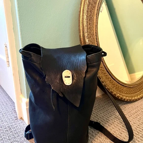 Black Leather backpack, handcrafted. Soft leather sturdy adjustable strap. - Picture 1 of 16